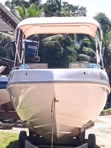 um barco estacionado na relva num quintal em Lancha soma paraty em Paraty