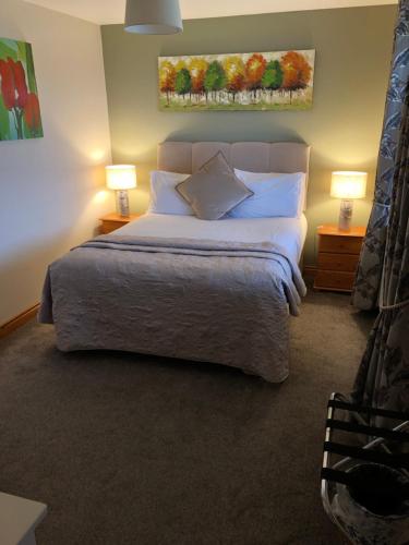 um quarto com uma cama grande e 2 candeeiros em Harbour View Bed & Breakfast em Castletownbere