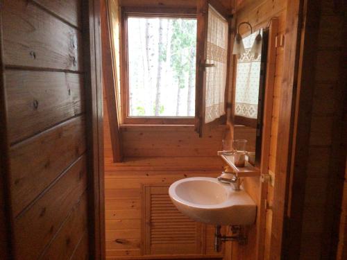 baño con lavabo, ventana y espejo en Chalet Natura Sport&Relax, en Cavaliere