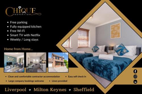 a collage of pictures of a bedroom with two beds at CENTRAL MK- 3Bed, 2 Bath house for LONG TERM CONTRACTOR Stays, free parking for 2 vehicles, DESK & GARDEN space managed by CHIQUE PROPERTIES LTD in Milton Keynes