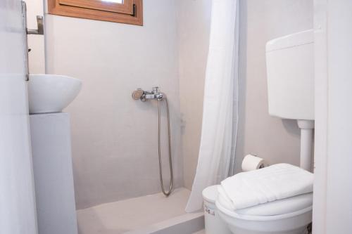 ein weißes Bad mit einem WC und einer Dusche in der Unterkunft Fira Central Budget Room and Kitchen in Fira