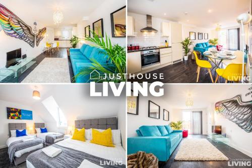 a collage of photos of a living room and a apartment at NEW Spacious Modern Townhouse FREE Private Parking in Liverpool