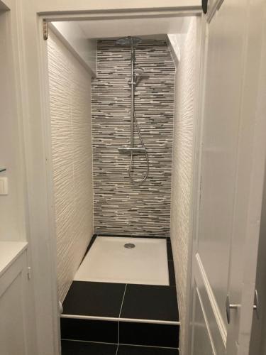 La salle de bains est pourvue d'une douche et d'un sol noir et blanc. dans l'établissement L’Atelier cosy, à Auxerre