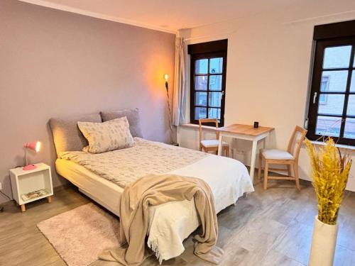 a bedroom with a bed and a desk and windows at Gemütlich Mitten in Neu-Isenburg in Neu Isenburg