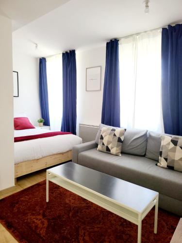 un salon avec un canapé et un lit dans l'établissement Appartement de charme, à Toulouse