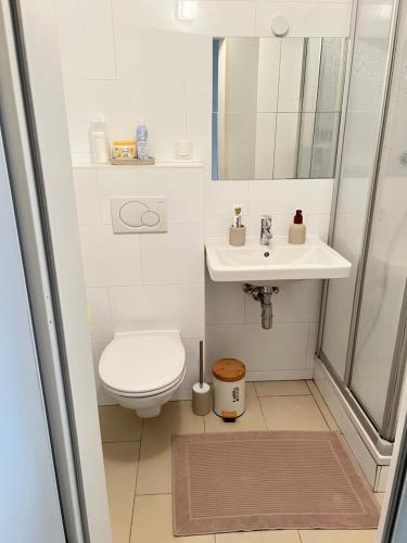 Un baño pequeño con inodoro y lavabo. en Top Location, en Viena