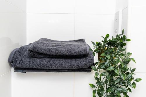 une pile de serviettes sur une étagère à côté d'une plante dans l'établissement Exclusive One Bedroom Apartment - City Centre - Free Wi-Fi Netflix, à Sheffield