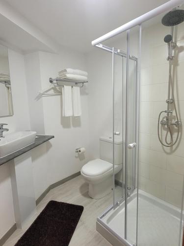 a bathroom with a toilet and a glass shower at Hostal Bo Camiño in Porriño