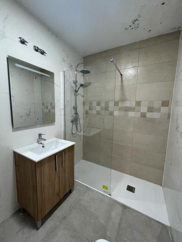 a bathroom with a shower and a sink and a mirror at Villa Elche in Elche