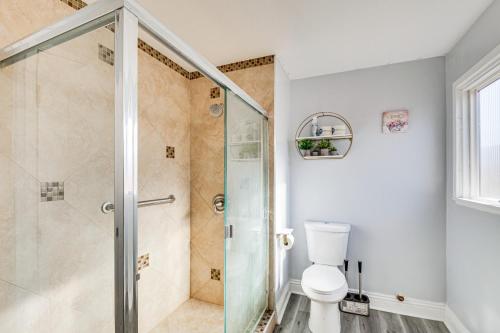 a bathroom with a shower and a toilet at South Central Los Angeles Home with Patio in Compton