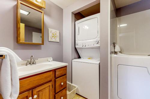 a bathroom with a sink and a washer and dryer at The Blue Door Cabin in Moultonborough