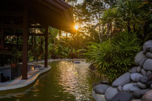 a pond in a garden with the sun setting at Miradas Arenal Hotel & Hotsprings in Fortuna