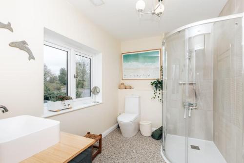 a bathroom with a shower and a toilet and a sink at TheTulips- 4 bed, Henley Regatta in Henley on Thames