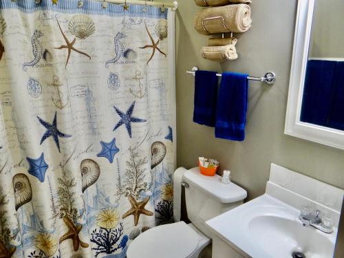 y baño con cortina de ducha, aseo y lavamanos. en Gorgeous Ocean Views Patio Oasis Resort Amenities, en Myrtle Beach