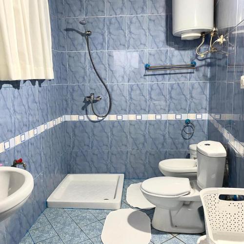 uma casa de banho com 2 WC e um chuveiro em Ziu Guest House em Berat