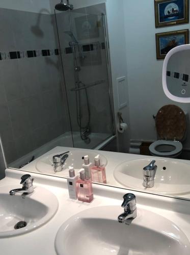 La salle de bains est pourvue de 2 lavabos, d'une douche et d'un miroir. dans l'établissement L'appartement de Simba à 4 min de Disneyland Paris, à Serris