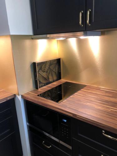 Il comprend une cuisine équipée d'un four micro-ondes et d'un comptoir en bois. dans l'établissement L'appartement de Simba à 4 min de Disneyland Paris, à Serris