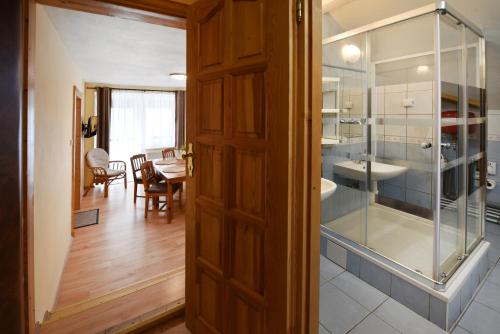 a bathroom with a glass shower and a sink at Apartmany ZEA in Tatranská Lomnica