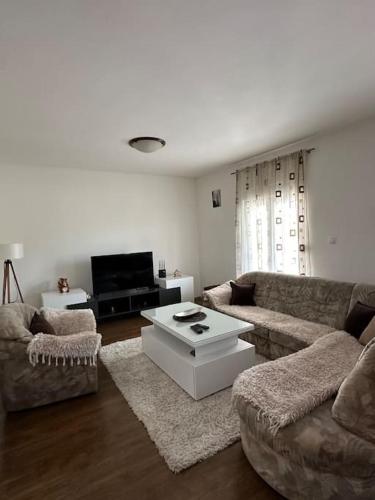 uma sala de estar com dois sofás e uma televisão em Vila Sekulić em Podgorica