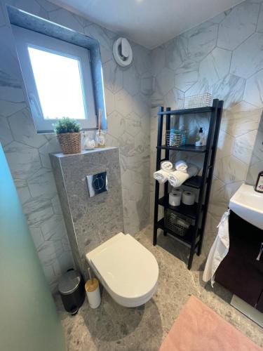 uma casa de banho com um WC e um lavatório em Ett nytt fräsch hus utanför Stockholm nära Arlanda em Rosersberg