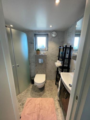 a bathroom with a toilet and a sink at Ett nytt fräsch hus utanför Stockholm nära Arlanda in Rosersberg