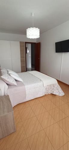 a bedroom with a large bed and a flat screen tv at Piso Sol y Mar vacacional in Moaña