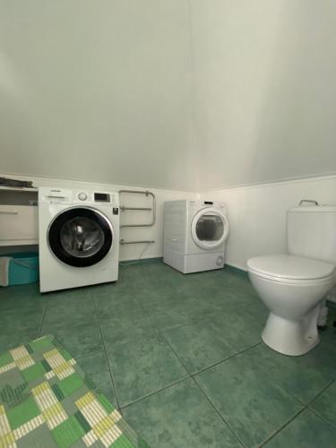La salle de bains est pourvue d'un lave-linge et de toilettes. dans l'établissement „Sėlių Studio“ Apartamentai, à Utena