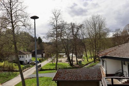 a view of a street with houses and a street light at Direkt am See Winterberg Elkeringhausen in Winterberg