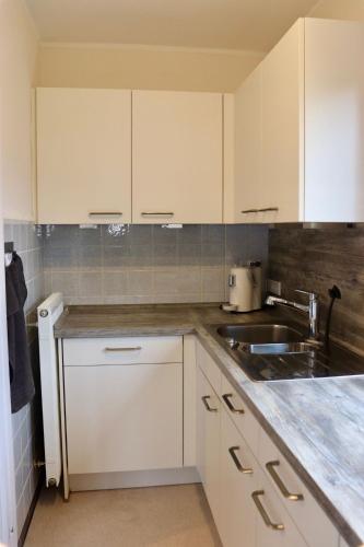 a kitchen with white cabinets and a sink at Direkt am See Winterberg Elkeringhausen in Winterberg