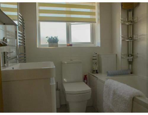 a bathroom with a toilet and a sink and a window at PennWay House - Two Bedroom House on Portland Bill with Sea Views! in Southwell