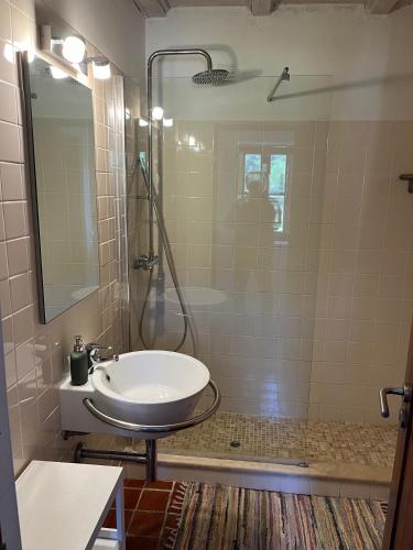a bathroom with a sink and a shower at Quinta Fronteira in Bensafrim