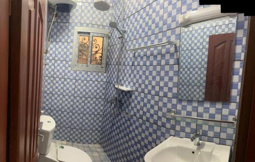 ein blau gefliestes Bad mit einem Waschbecken und einem WC in der Unterkunft Nicole Residence in Jaunde