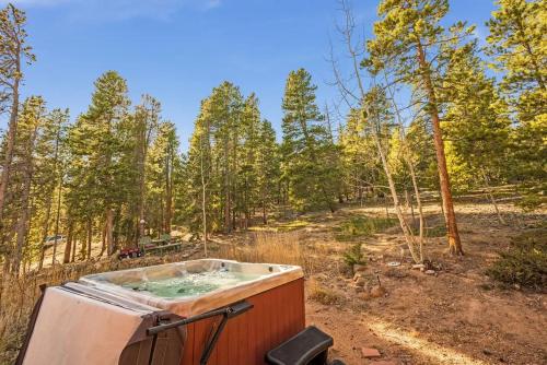 a hot tub in the middle of a forest at Arapaho Forest Lodge w Hot Tub + Trail Access in Nederland
