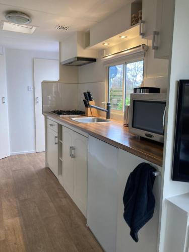 a kitchen with a counter top with a microwave at Chalet G5 it Soal Workum in Workum