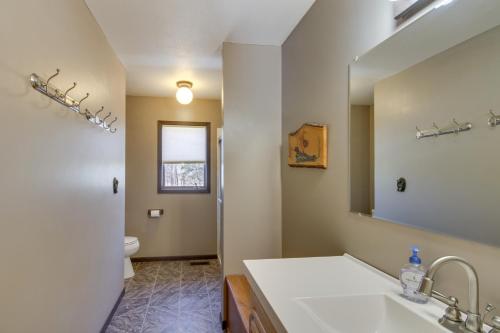 een badkamer met een wastafel en een spiegel bij Park Rapids Cabin with Fire Pit and Lake View! in Arago