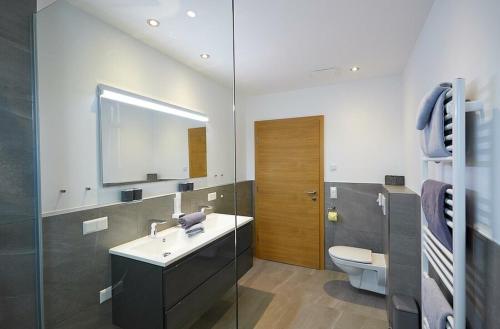a bathroom with a sink and a toilet and a mirror at Apartment Lina in Gröbming