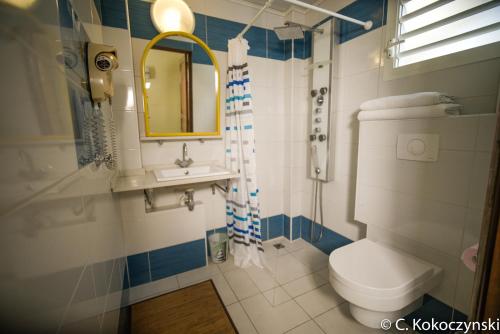 a bathroom with a toilet and a sink and a mirror at REVE BLEU Ecrin bleu in Le Diamant