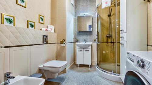 y baño con ducha, aseo y lavamanos. en Apartament nad Elementsem 29 - 5D Apartamenty, en Świeradów-Zdrój