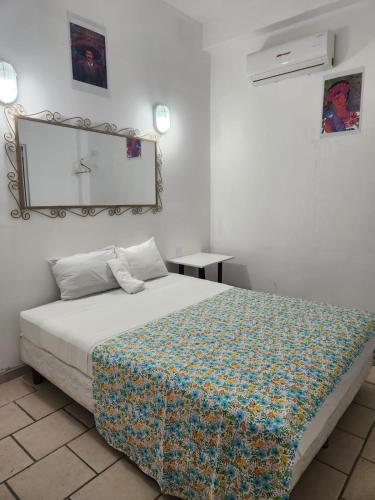 a bedroom with a bed and a mirror on the wall at Alexandross in Puerto Vallarta