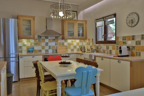 a kitchen with a table and chairs in a kitchen at Οlives and Vines all seasons villa in Litochoro