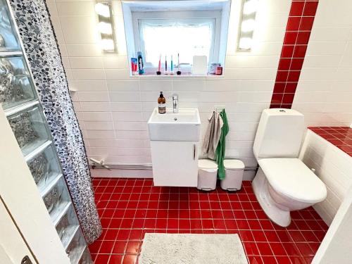 a red tile bathroom with a toilet and a sink at Holiday home HÖGANÄS in Höganäs