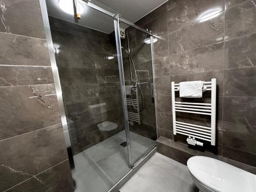 a bathroom with a shower and a toilet at Premium Apartments Schwetzingen, Heidelberg, Speyer in Schwetzingen