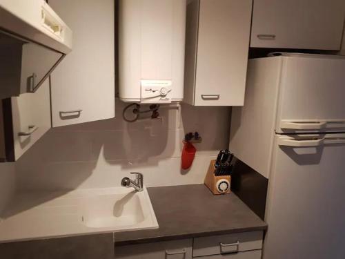 une petite cuisine avec un évier et un réfrigérateur dans l'établissement Appartement lumineux à Agde avec vue sur la mer - 34 m², au Cap d'Agde