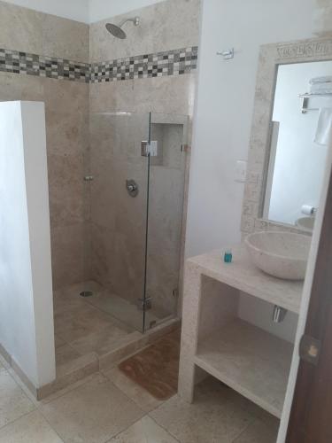 W łazience znajduje się prysznic i umywalka. w obiekcie Cuernavaca Eden Hotel Boutique doble w mieście Cuernavaca