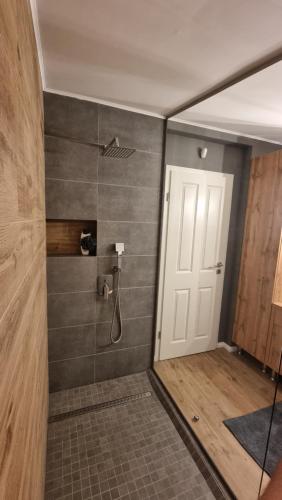 La salle de bains est pourvue d'une douche avec une porte blanche. dans l'établissement Căsuța din povești, à Reci