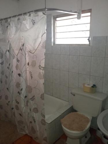 a bathroom with a toilet and a shower curtain at Dawsons B&T privet 1 in Kingston