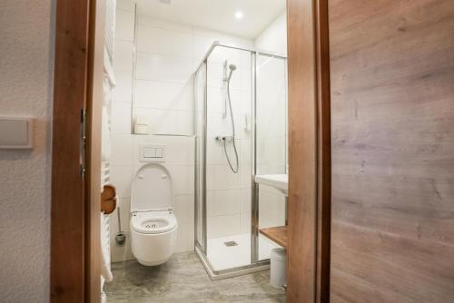 a bathroom with a toilet and a shower at Hotel Restaurant Perschler in Rattenberg