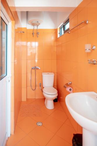 a bathroom with a toilet and a sink at Holiday Hideout in Gjirokastër