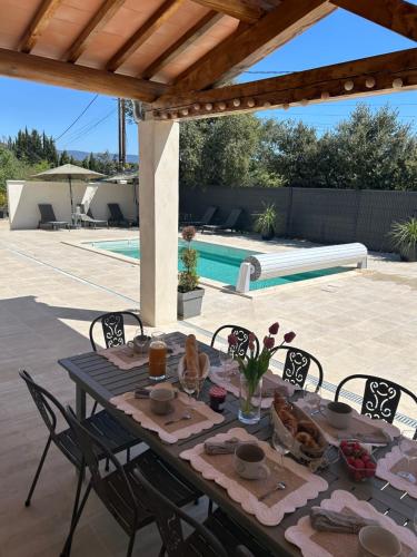 une table avec de la nourriture dessus à côté d'une piscine dans l'établissement ECHAPPEE EN PROVENCE, à Saint-Saturnin-lès-Apt