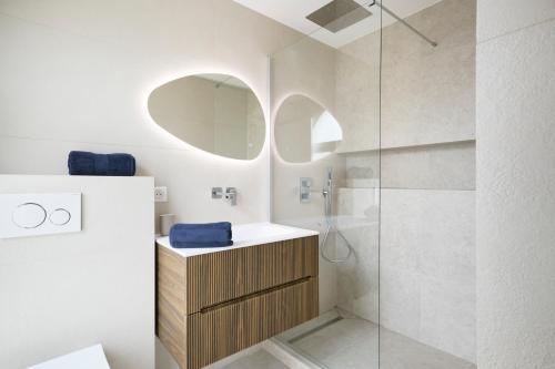 une salle de bain avec un lavabo et une douche dans l'établissement VILLA DES PERGOLAS au pied du TRAM ,à 5 min des plages , 15 min du Centre , jacuzzi, à Nice